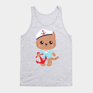 Sailor Cat, Sailor Hat, Cute Cat, Boat Captain Tank Top